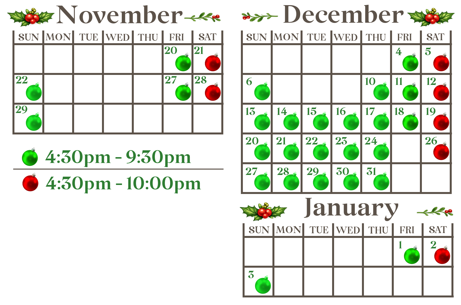 Holiday Festival Hours 